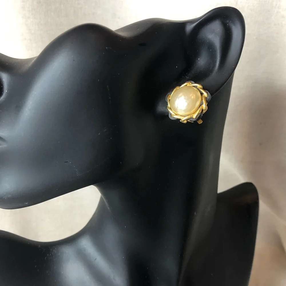 CHANEL Gold and Black Leather Wrapped Pearl Statement Earrings w/ Box